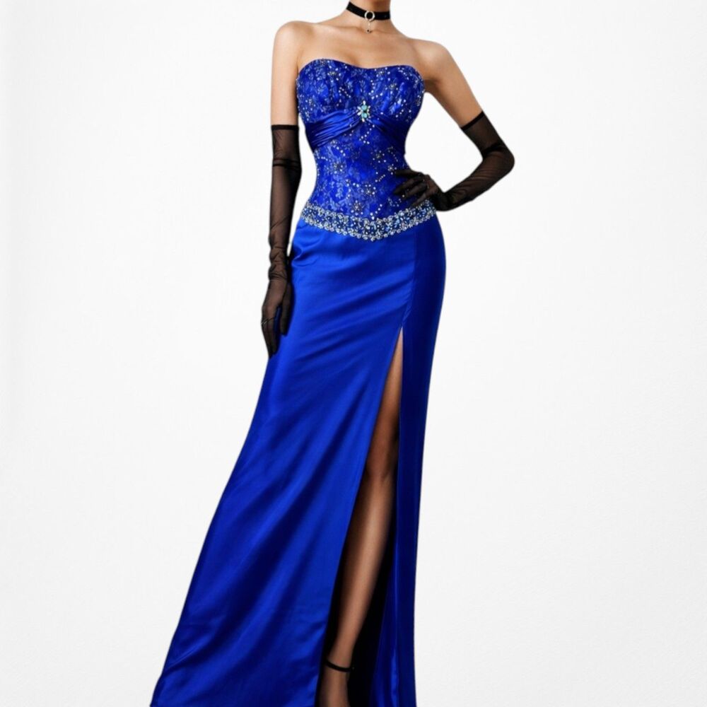 Vintage Y2K Blue Strapless Lace Beaded Side Slit Bodycon Maxi Prom Dress Size M